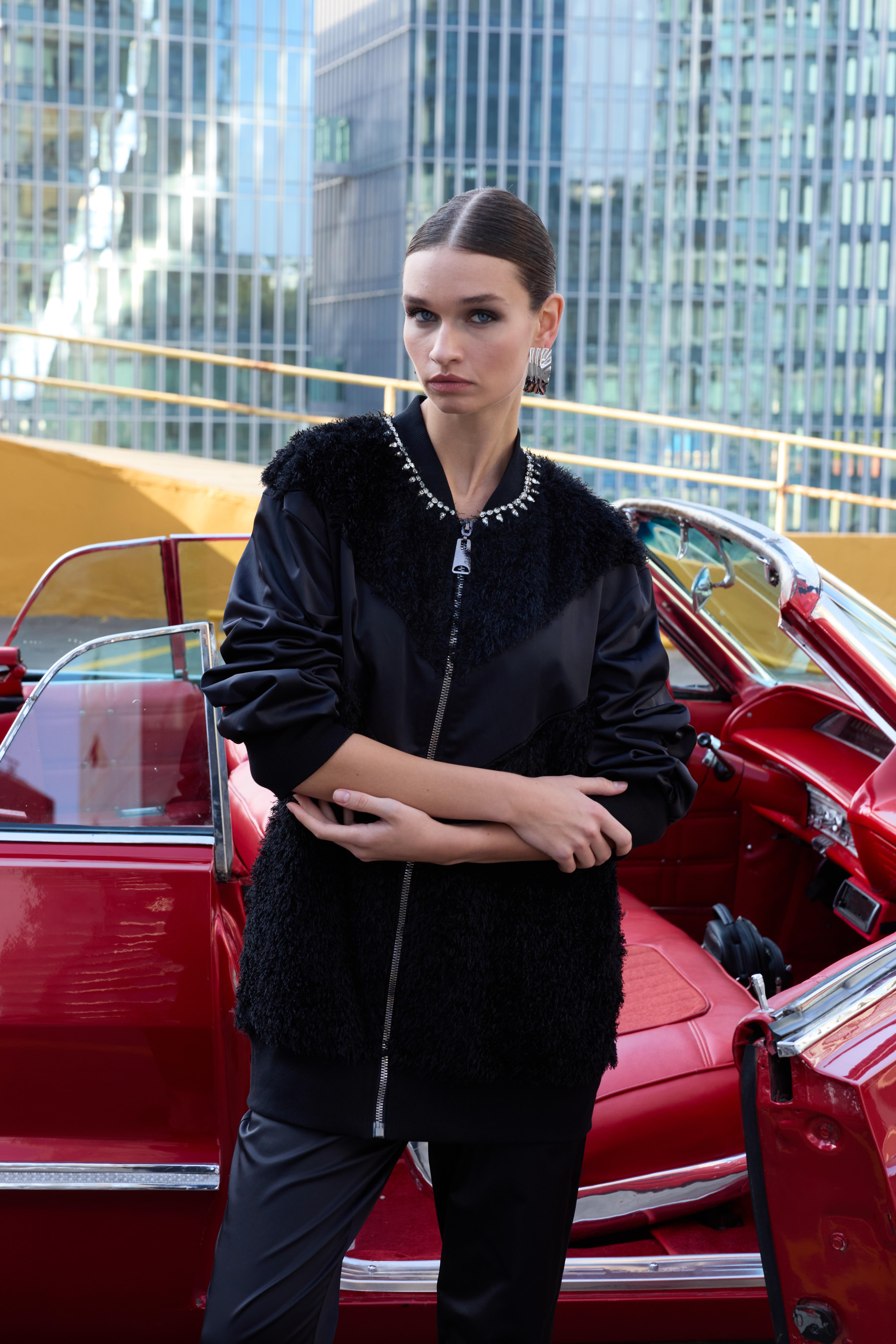 Taşlı Bomber Ceket - Siyah