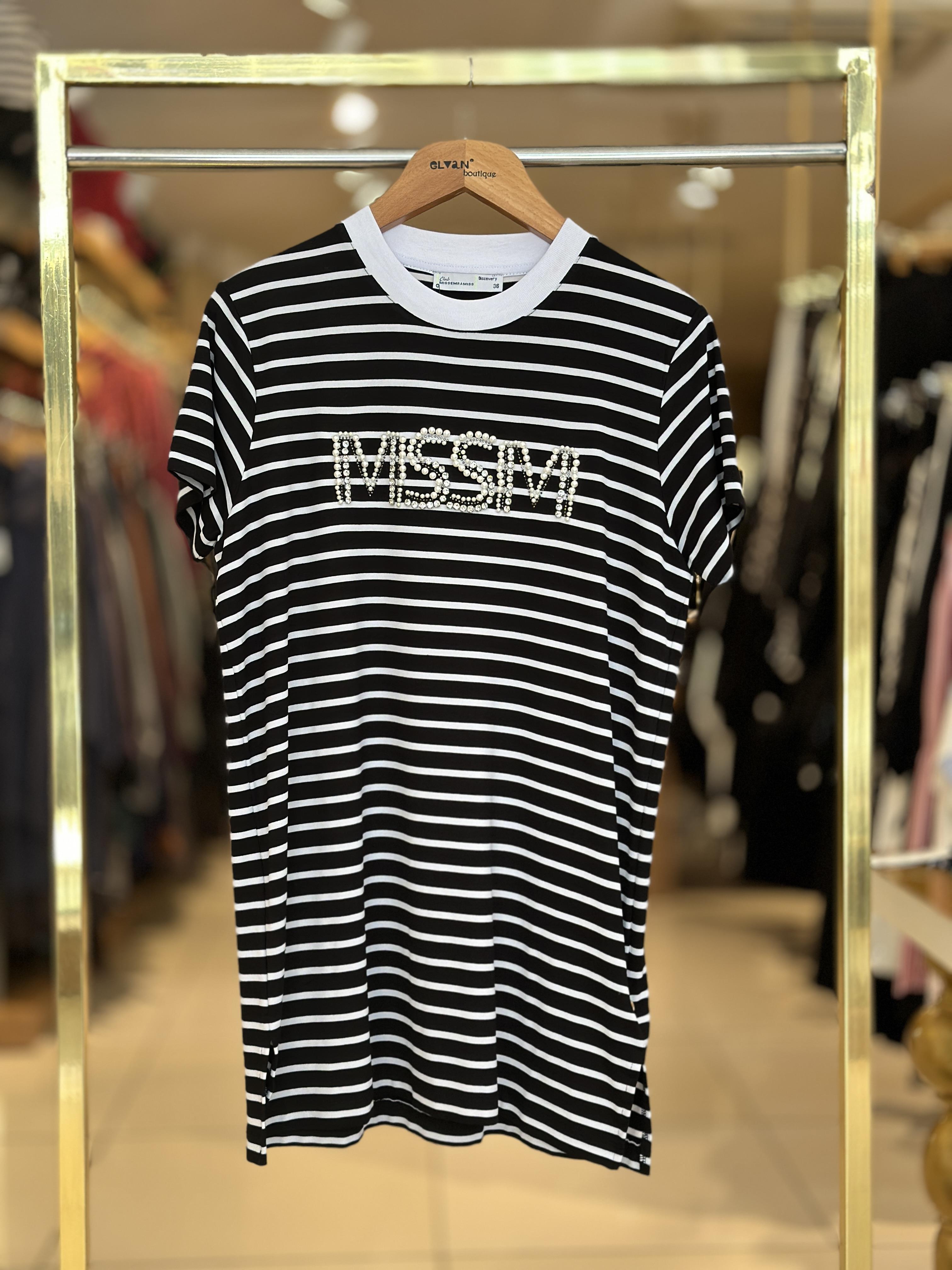 Taşlı Çizgili T-shirt - Siyah