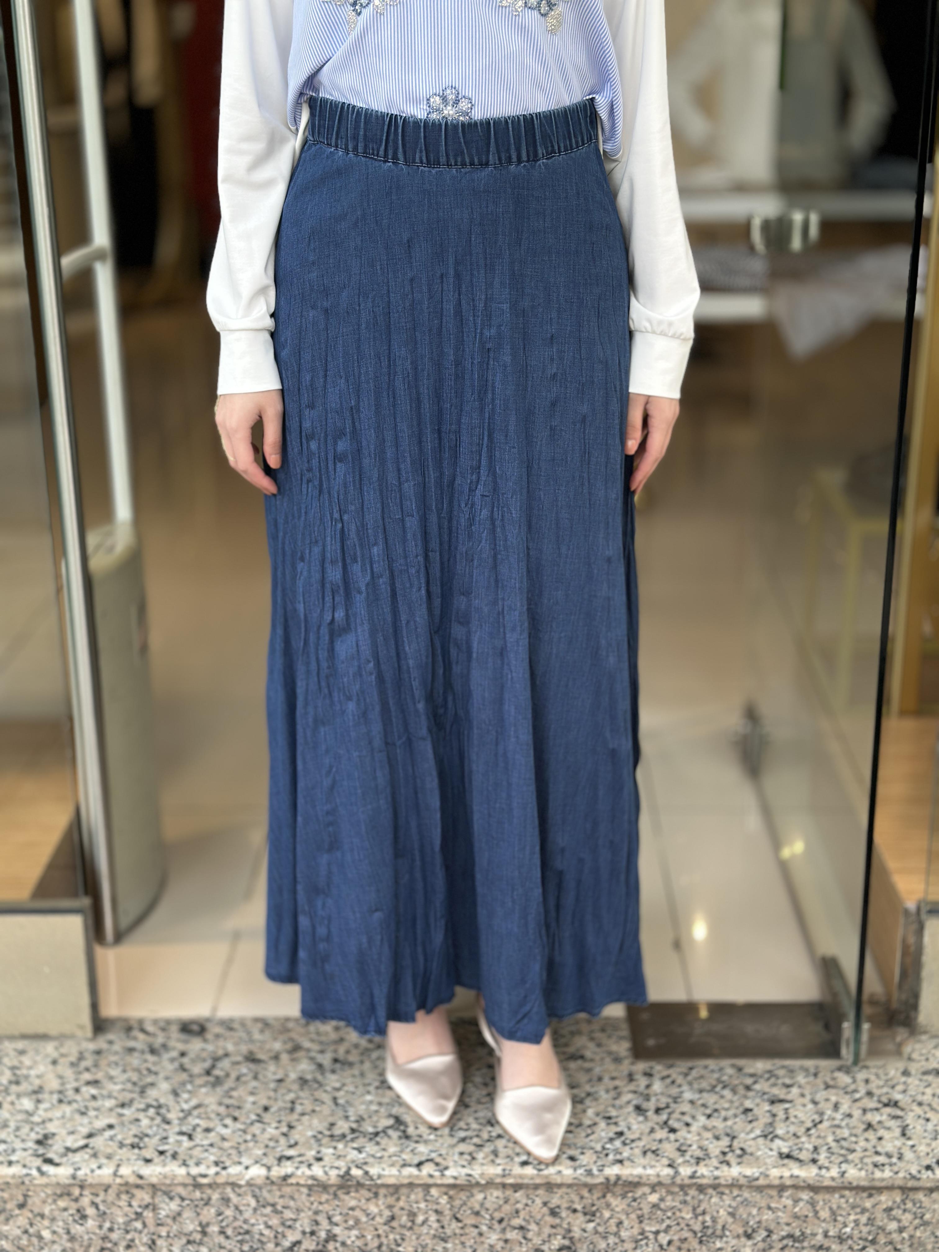 Tencel Kırıştırma Kot Etek - İndigo