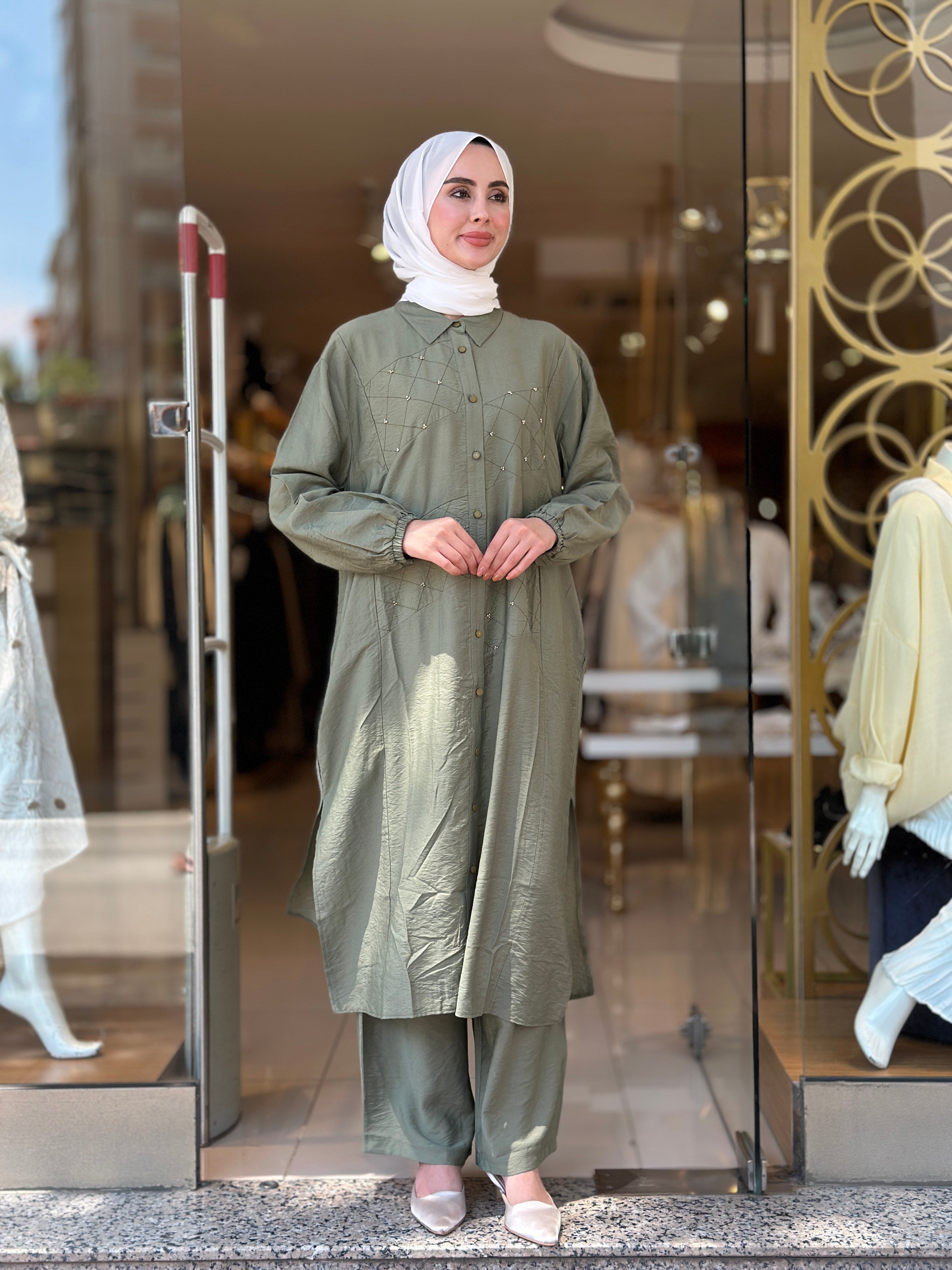 Tencel Taş İşlemeli Takım - Haki 