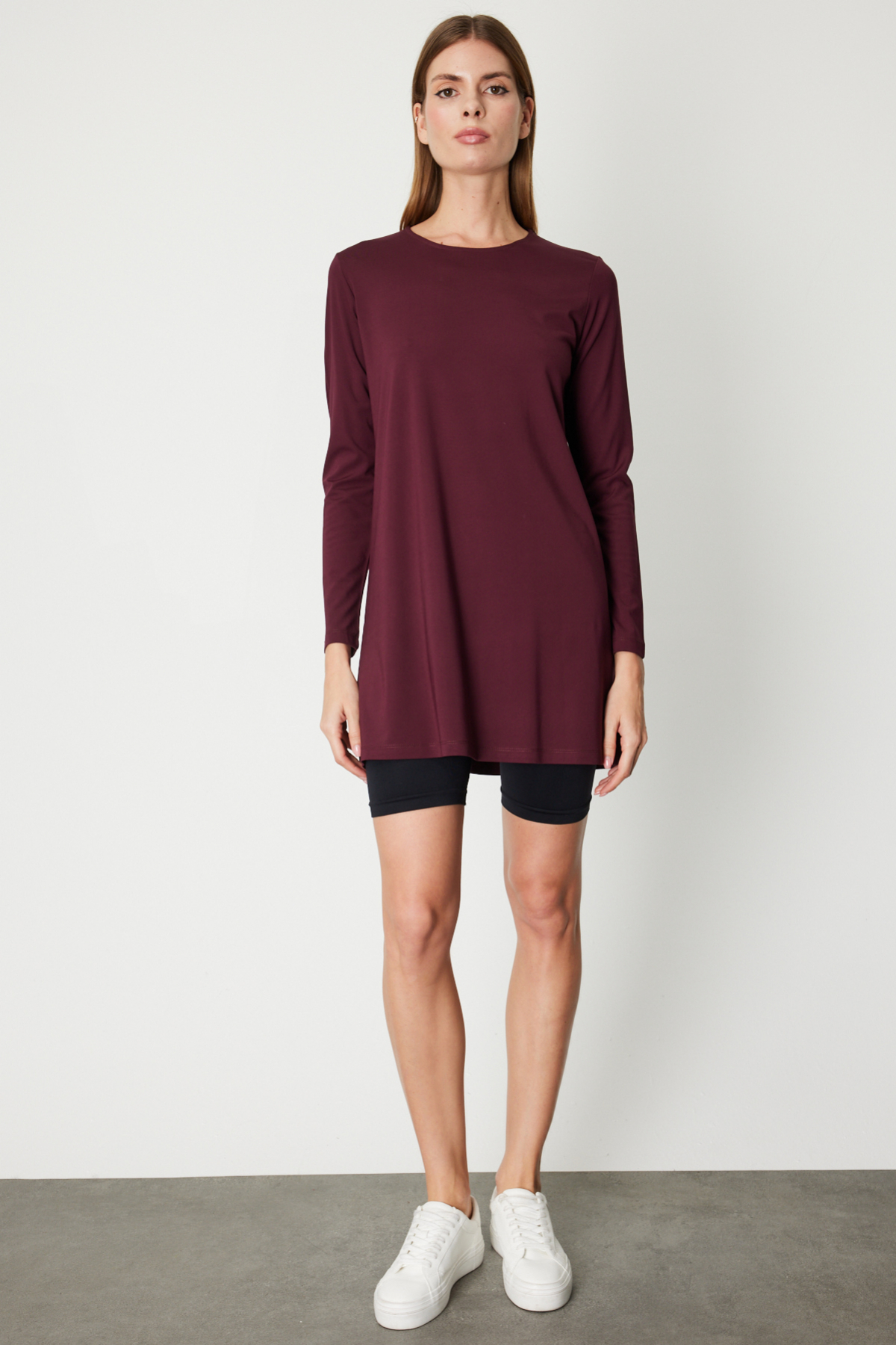 Uzun Kollu Basic Tunik - Bordo
