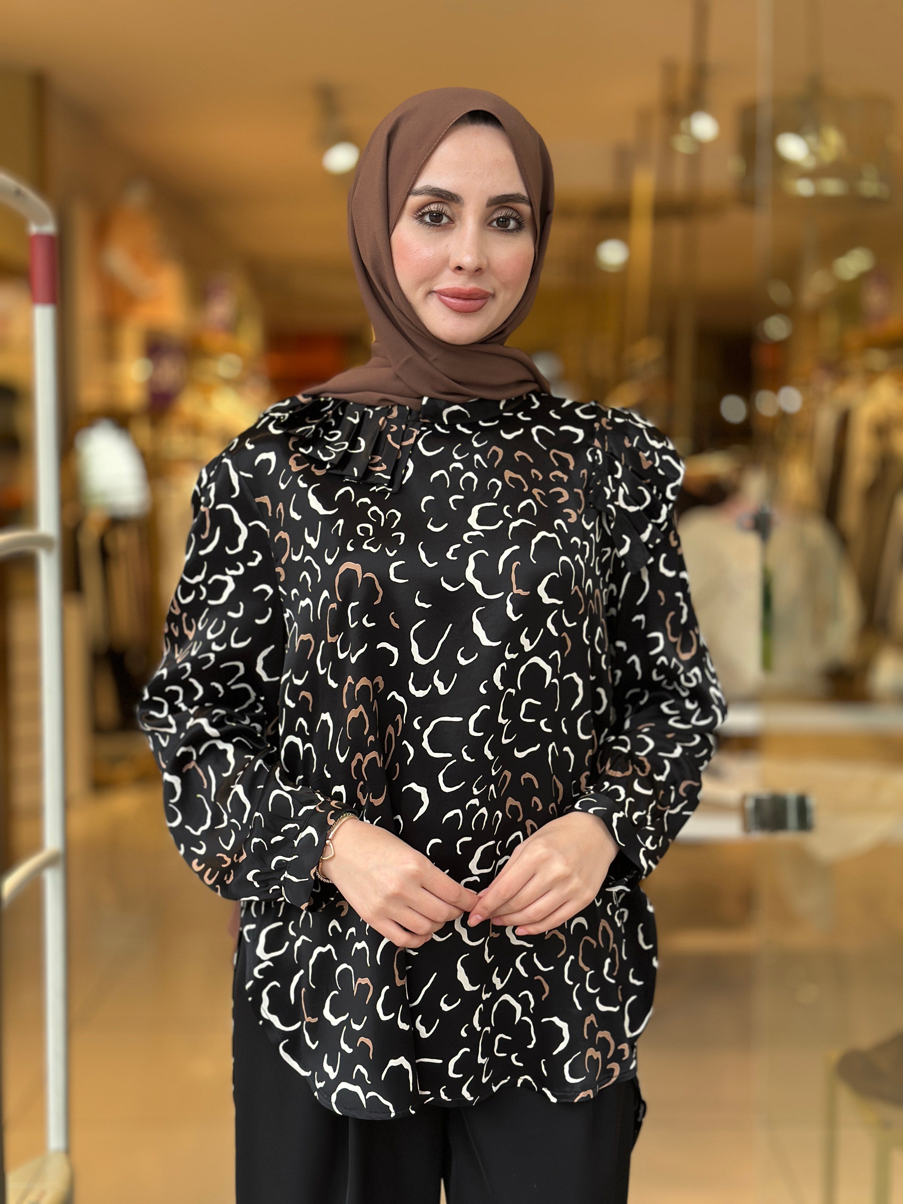 Viscon Saten Kolları Pileli Tunik - Siyah