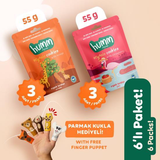 Organik Vegan Çilekli ve Portakallı Kurabiye Atıştırmalık Paketi Parmak Kukla Hediyeli - 6 adet (2 çeşit)