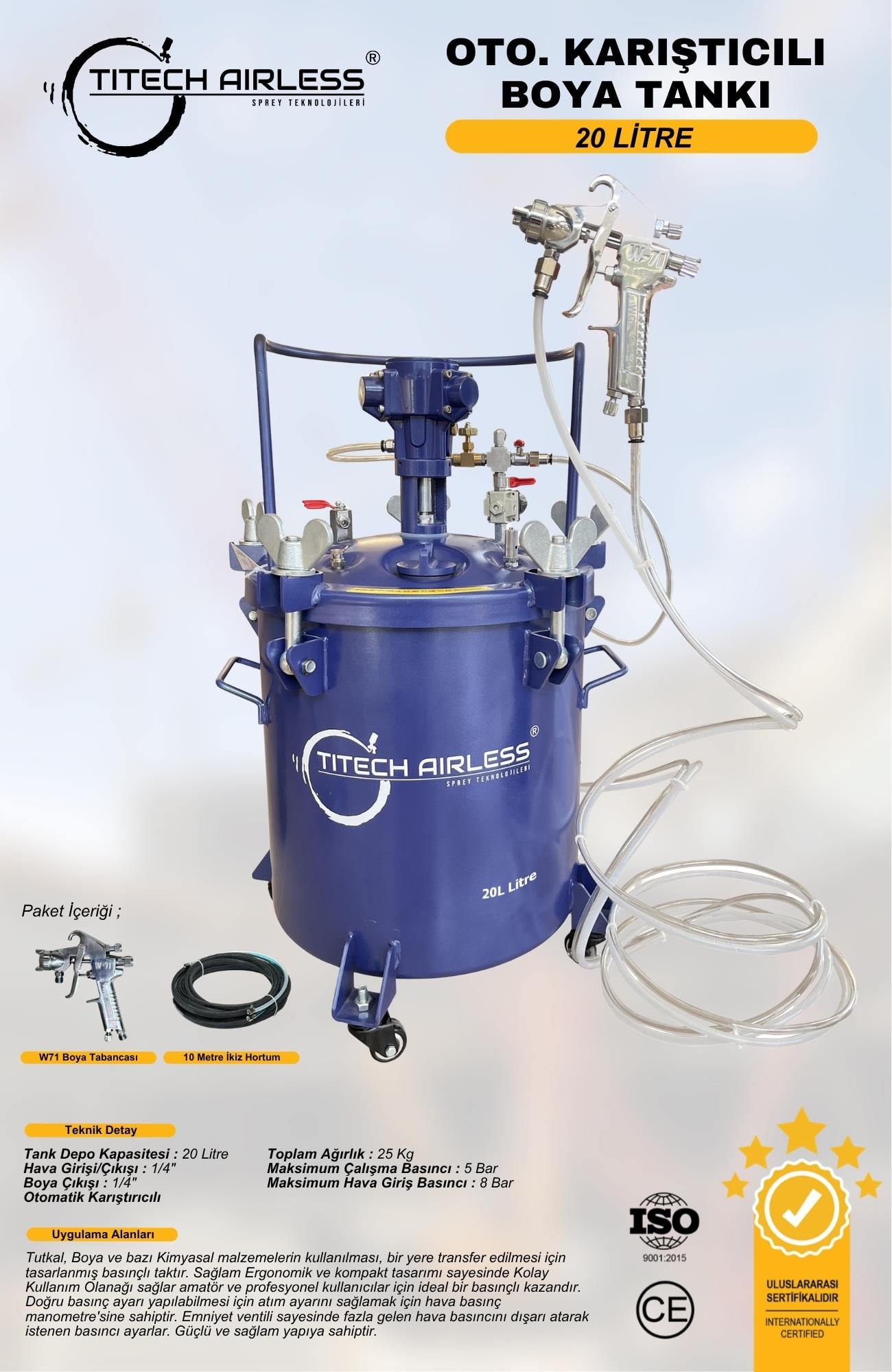 20 Lt Otomatik Karıştırıcılı Teflon Kaplı Basınçlı Boya Tankı