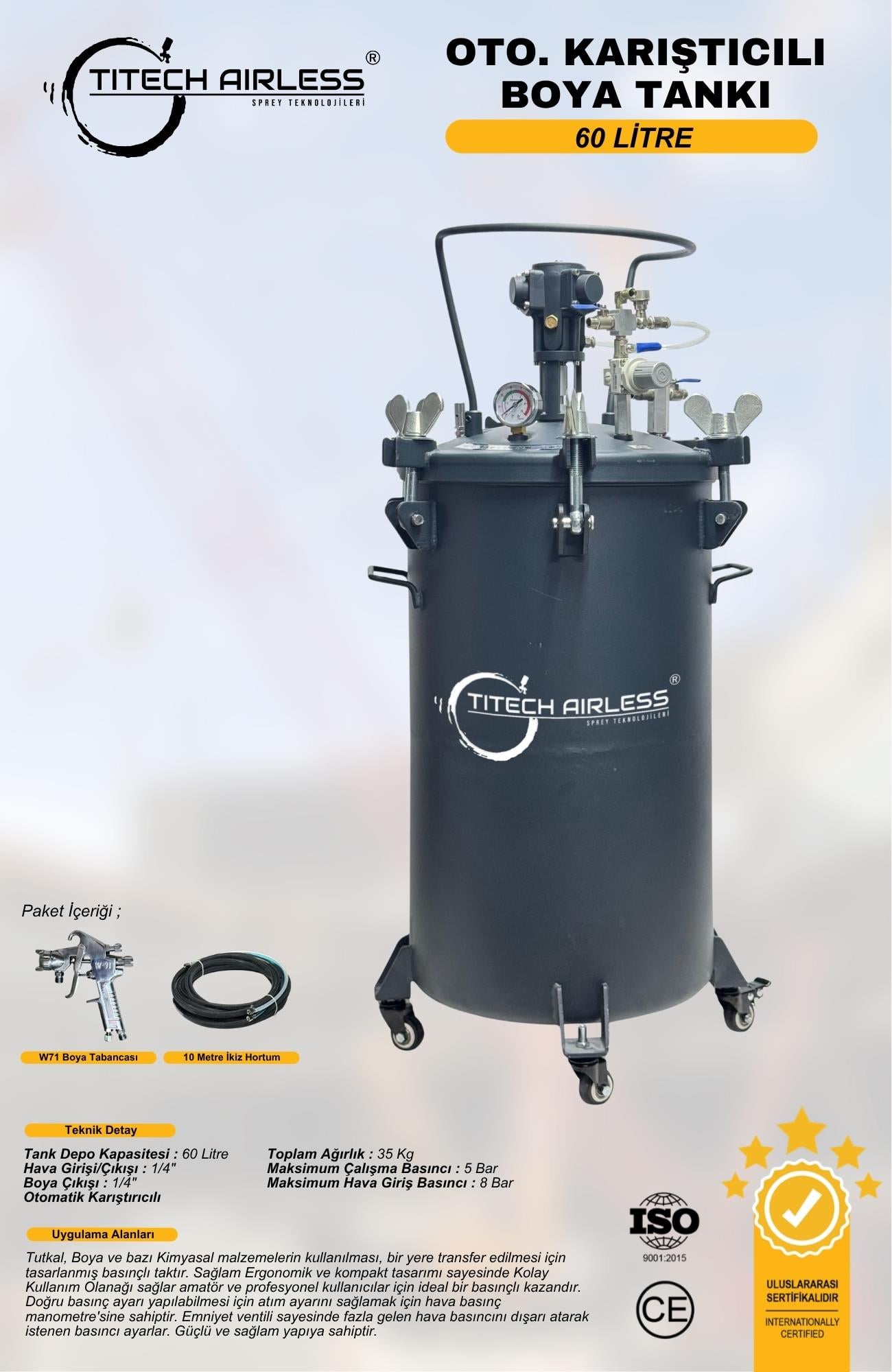 60 Lt Otomatik Karıştırıcılı Teflon Kaplı Basınçlı Boya Tankı