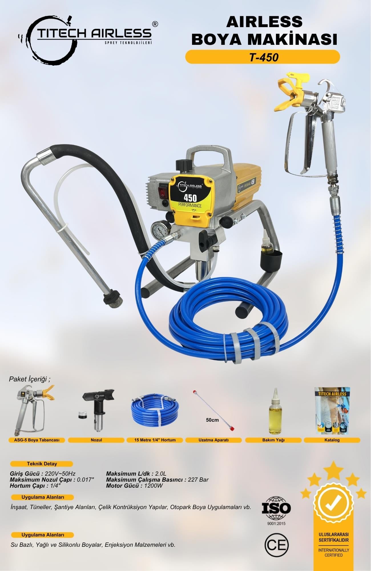 T-450 1200W Elektrikli Airless Boya Makinası (Kartsız) Sarı