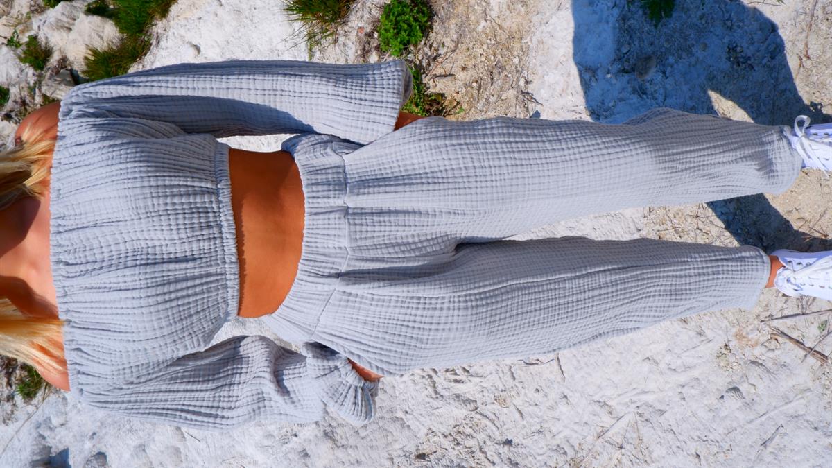 Spring-Summer Collection Müslin Şalvar Krop Takım-Gri