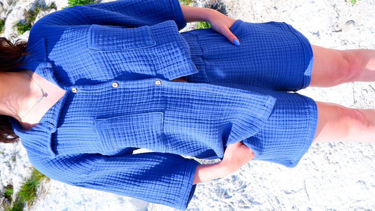 Spring-Summer Collection Müslin Şort Gömlek Takım-Mavi
