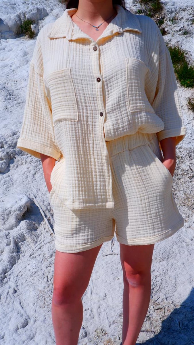 Spring-Summer Collection Müslin Şort Gömlek Takım-Krem
