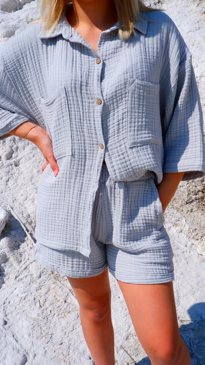 Spring-Summer Collection Müslin Şort Gömlek Takım-Gri