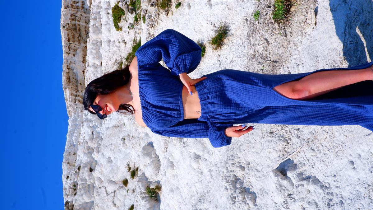 Spring-Summer Collection Müslin Yırtmaçlı Pantolon Krop Takımı-Mavi