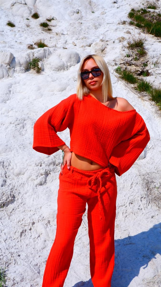Spring-Summer Collection Müslin Pantolon Tek Omuz Krop Takımı-Kiremit