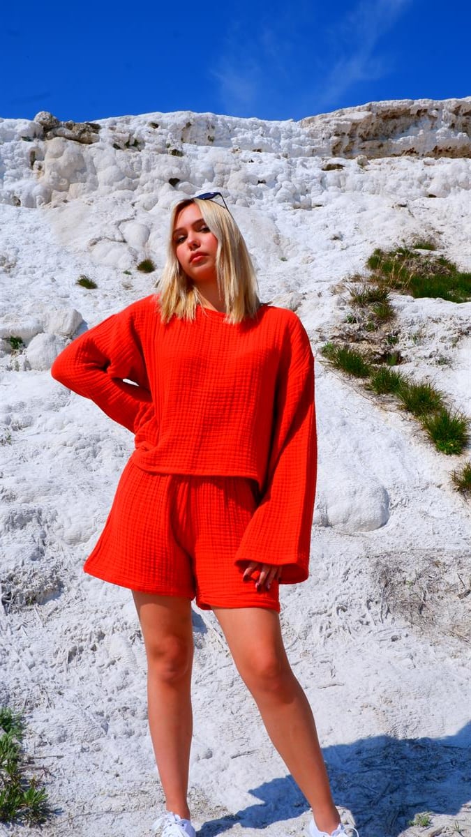 Spring-Summer Collection Müslin Şort Uzun Kollu Krop Takım-Kiremit