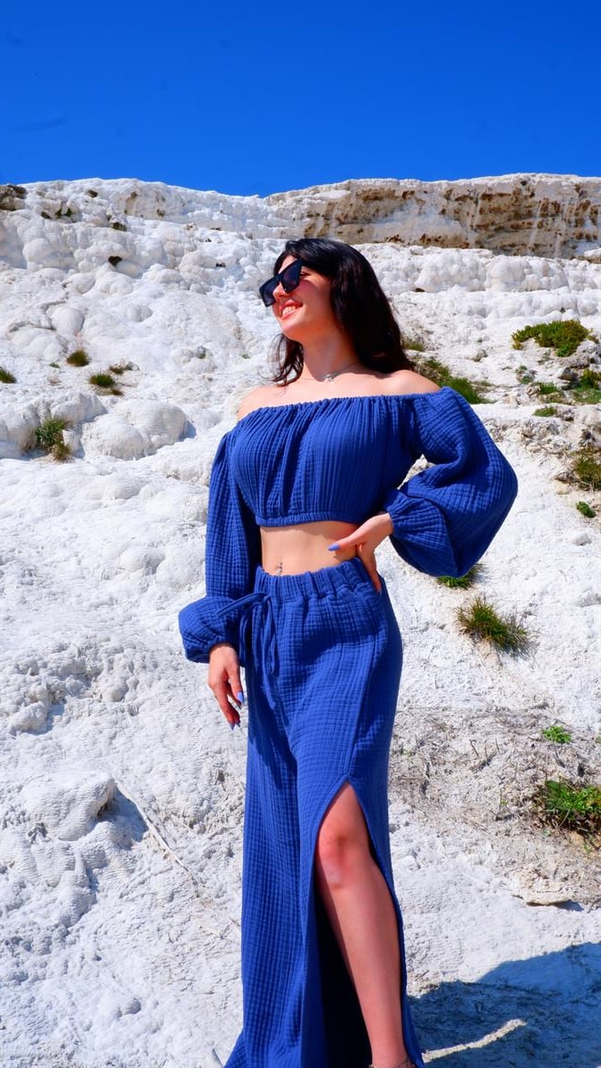 Spring-Summer Collection Müslin Yırtmaçlı Pantolon Krop Takımı-Mavi