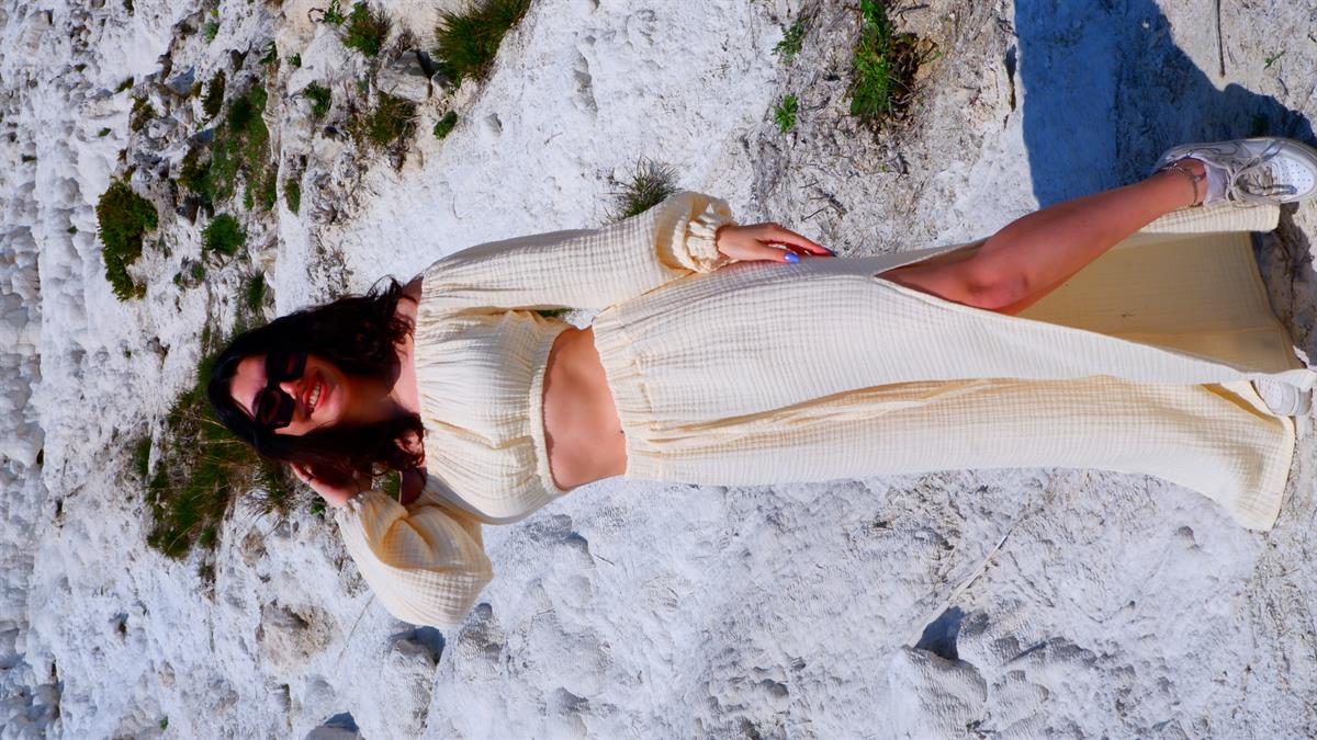 Spring-Summer Collection Müslin Yırtmaçlı Pantolon Krop Takımı-Krem
