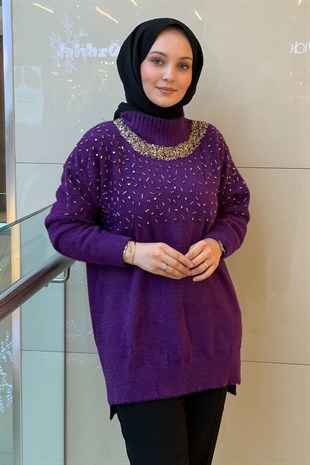 Nuss Sıfır Yaka Serpme Boncuk İşlemeli Angora Tunik