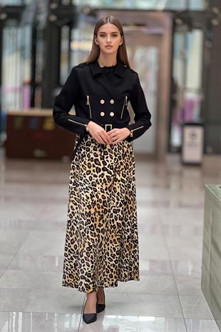 Sentez Leopar Saten Kiloş Etek