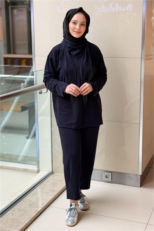 Ghisa Boncuklu Şal Yaka Tunik Pantolon Takım