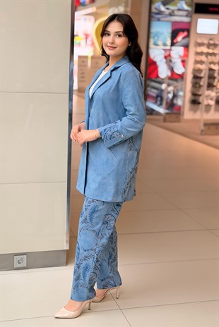 Tığ Triko Denim Kombinli Pantolonlu Takım