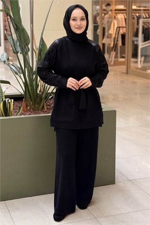 Fuat Gürşen Kolları Pul Payet İşlemeli Tunik Pantolon Triko Takım