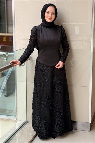 Fashion Night Kabartma Gül İşli Bluz Etek İkili Abiye Takım
