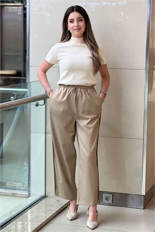 Twist Beli Lastikli Yanları Nervürlü Bol Paça Pantolon