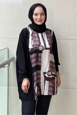 Ghisa Saten Triko Kombinli Desenli Tunik