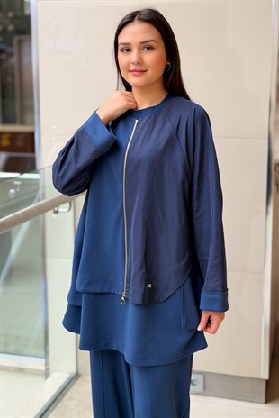 Ghisa Önden Fermuarlı Paraşüt Kumaş Garnili Tunik pantolon Takım