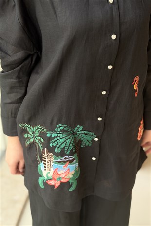Ghisa Renkli Desen İşlemeli Keten Gömlek Pantolon Takım
