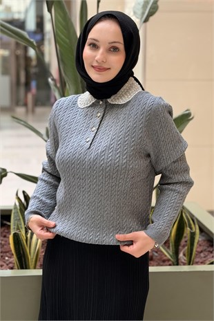 Ghisa Yakası İnci İşlemeli Örgü Desenli Triko Tunik