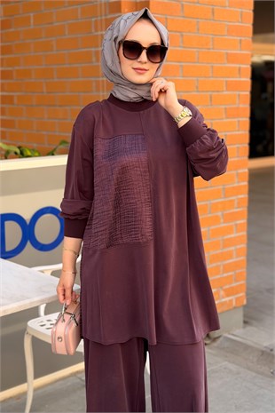 Nurcan Çetin Desenli Kumaş Kombinli Tunik Pantolon Takım