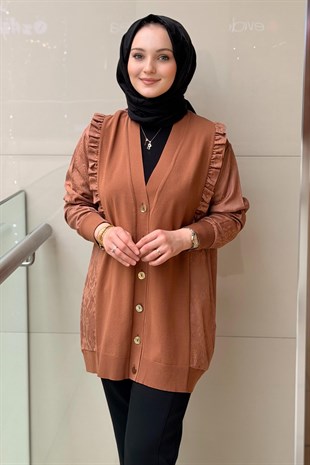 TIĞ Triko Fırfır Detaylı Jakar Kumaş Mixli Triko Hırka