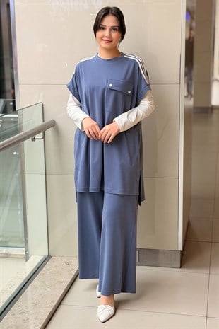 Nurcan Çetin Omuzu Çizgili Cep Kapaklı Yelek İç Tunik Pantolon 3Lü Takım