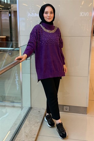 Nuss Sıfır Yaka Serpme Boncuk İşlemeli Angora Tunik
