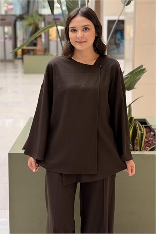 Kahma Çizgili Pullu Brown Kap Pantolon Takım