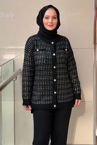 Ghisa Yuvarlak Yaka Önden Düğmeli Pul Örgü İşlemeli Triko Hırka
