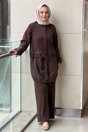 Ghisa Triko Deri Kombinli Beli Kuşaklı Tunik Pantolon Takım