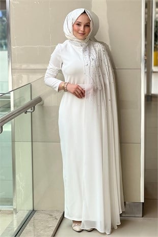 White Corner Şifon Detaylı Taşlı Abiye