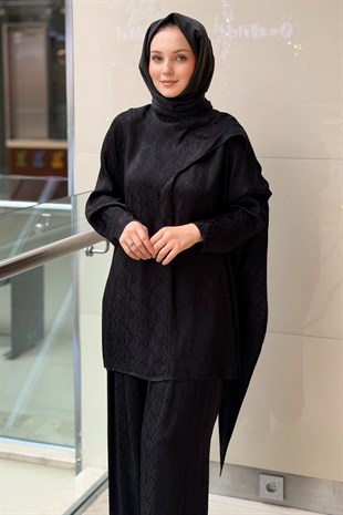 Ghisa Piton Desenli Şal Yaka Tunik Pantolon Takım