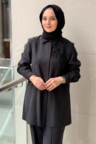 Nuss Yakası Boncuk İşlemeli Gizli Patlı Gömlek Pantolon Takım