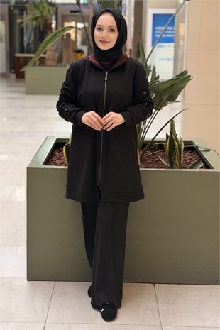 Fuat Gürşen Kollar Taş İşlemeli Önden Fermuarlı Kap Pantolon Takım