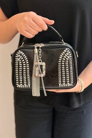 Mahal Bags Taşlı D Aksesuarlı Çift Fermuarlı El Tutmalı Çapraz Çanta