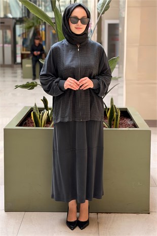 Nurcan Çetin Bürümcük Kumaş Kombinli Önden Fermuarlı Kap Etek Takım
