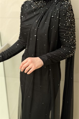 Fashion Night Kolları Taşlı Şifon Tül Abiye Elbise
