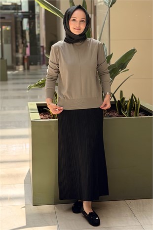 Nuss Dik Yaka Dikiş Detaylı Merserize Tunik