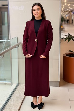 Ghisa V Yaka Tek Düğme Hırka Etek Triko Takım
