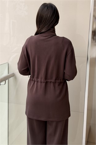 Nuss Geometrik Desenli Önden Çıtçıtlı Bel Büzgülü Kap Pantolon Takım