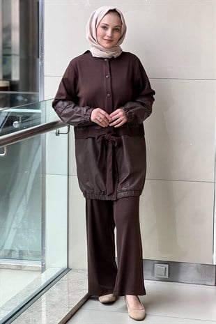 Ghisa Triko Deri Kombinli Beli Kuşaklı Tunik Pantolon Takım