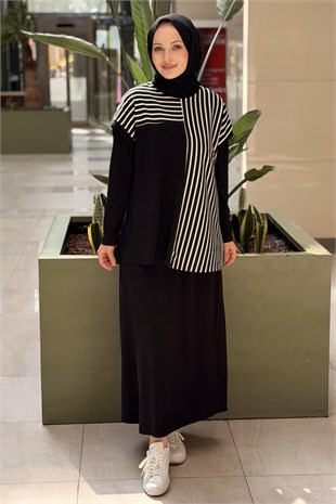 Nurcan Kontrast Çizgi Desenli Tunik İçlik Etek 3lü Takım