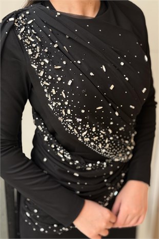 Fashion Night Drapeli Taş İşlemeli Tül Abiye Elbise